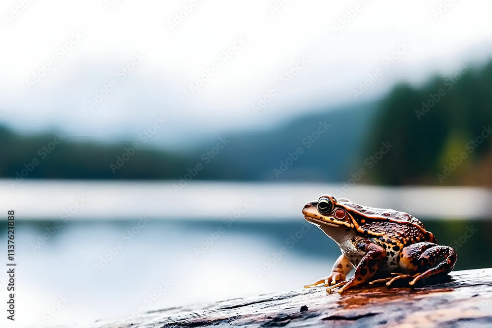 Poster frog on a log by tranquil lake in the morning light with soft focus background and natural environme