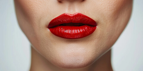 Obraz premium Photo of juicy female lips with vibrant red color, perfect for a beauty industry banner.