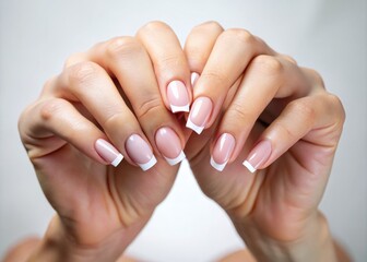 Aerial View of a Woman's Hand with French Manicure Making a Finger Heart Gesture Isolated on a White Background - Part of a Series Celebrating Elegant Nail Designs and Expressions