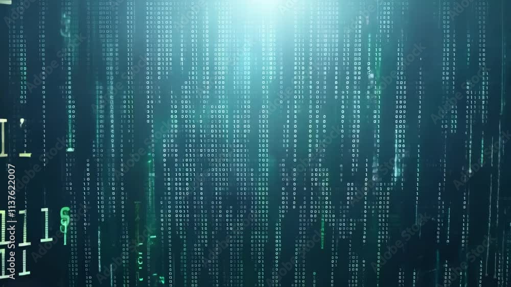 Poster Exploring digital data streams against a glowing backdrop of binary code in a futuristic environment