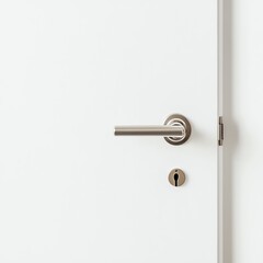 A sleek, modern door with a minimalist design, featuring a metallic handle and a keyhole, set against a clean white background.