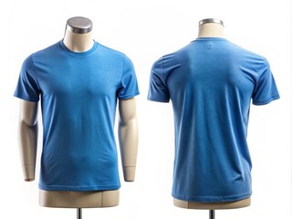 Aerial View of Men's Blue Blank T-Shirt Template on Invisible Mannequin for Design Mockup Print, Isolated on White Background Perfect for Custom Apparel Branding and Marketing