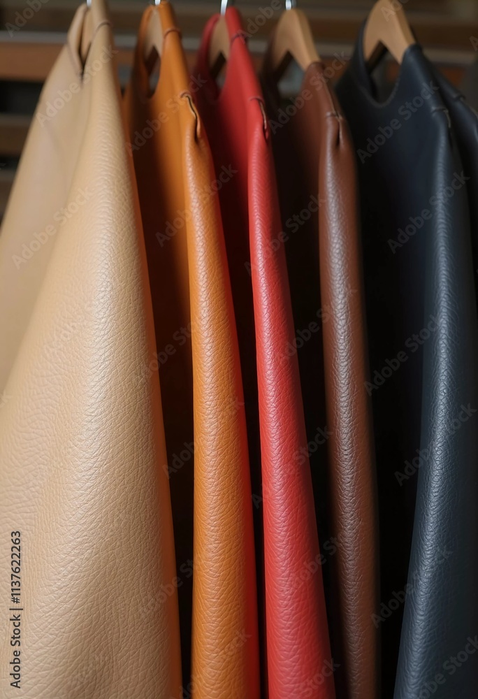Poster samples of genuine cow leather in different colors are arranged neatly on a surface, showcasing the 