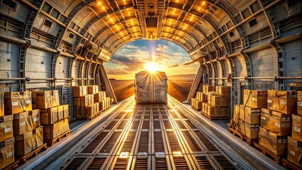 Air Cargo Plane Interior: Wide Angle Photo of Massive Cargo Hold, Stunning Lighting, Detailed View
