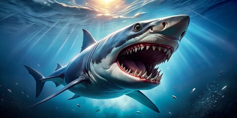 Angry Shark Mascot  Design: Bird's Eye View, Powerful Jaws, Ocean Predator,  Fierce Aquatic Animal Branding