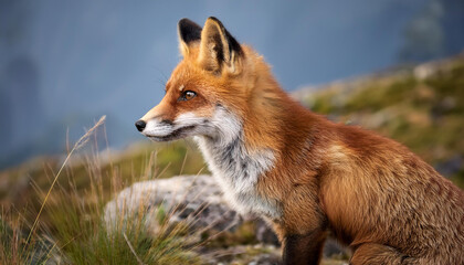 Fototapeta premium A close-up portrait of a red fox perched on a rocky hillside.