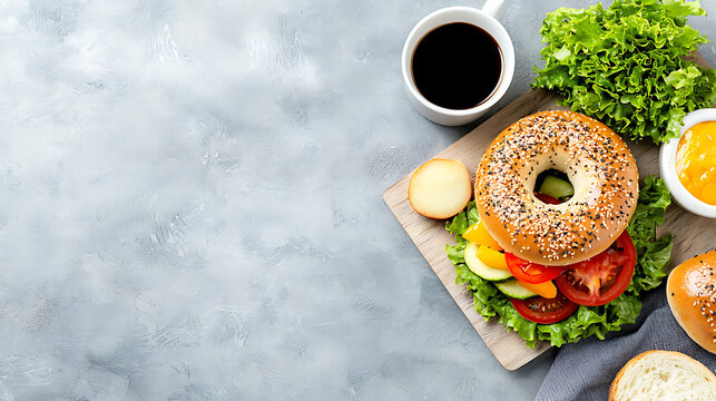 Delicious bagel breakfast with fresh vegetables and coffee cozy kitchen table food photography morning relaxation