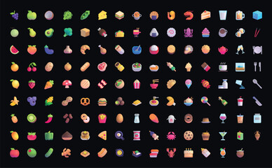 Set of yellow emoji Food & Drink in vector graphic format on a black background.