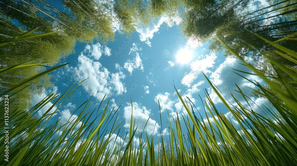 Poster an ant view looking up at the sky through long grass and seeing clouds.