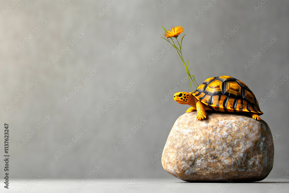 Poster creative concept of a turtle on a rock with flower growing from its shell in a minimalist setting
