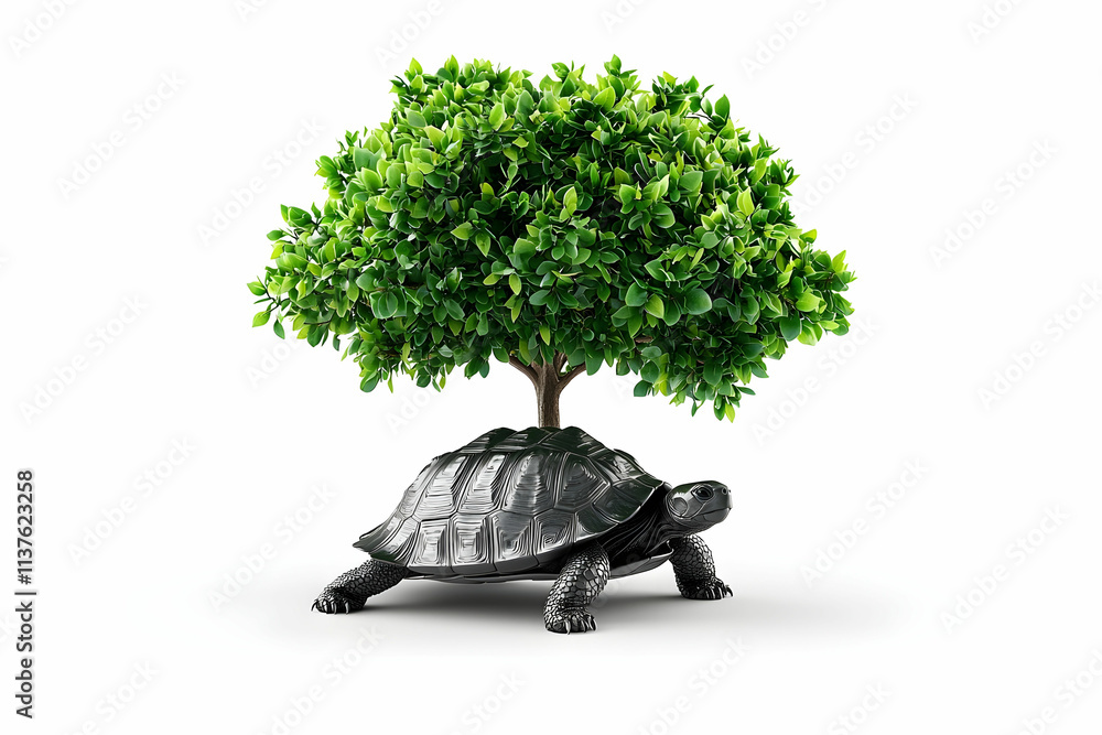 Poster black turtle with a green tree growing from its shell symbolizing nature and conservation
