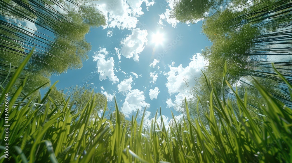 Poster an ant view looking up at the sky through long grass and seeing clouds.