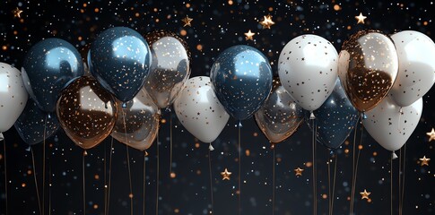 Blue, white, and gold balloons with confetti on dark background.
