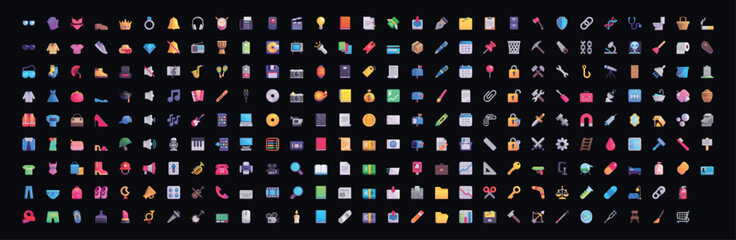 Set of yellow emoji Objects in vector graphic format on a black background.