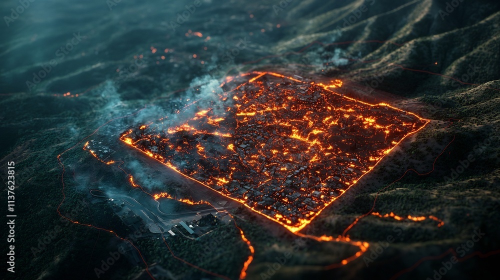 Poster a photograph of a wildfire spread map caused by human activity overlaid with a virtual twin predicti