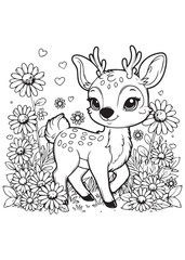 Coloring page design deer in the garden flower