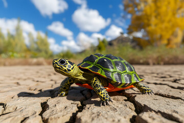 Obraz premium Colorful turtle on cracked earth under blue sky with clouds in natural habitat during sunny day