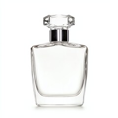 A sleek, elegant glass perfume bottle with a faceted cap, showcasing a minimalist design that emphasizes its clear contents.