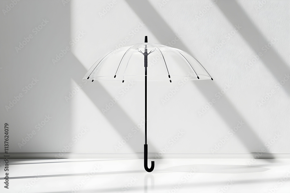 Poster elegant transparent umbrella with black handle in minimalist indoor setting showcasing light and sha