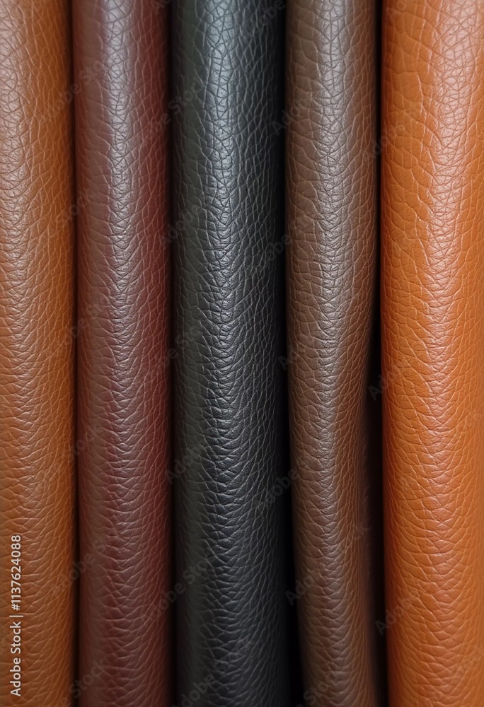 Poster samples of genuine cow leather in different colors are arranged neatly on a surface, showcasing the 