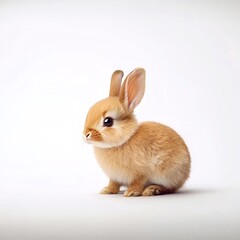 Obraz premium A cute, fluffy rabbit sits against a white background, showcasing its soft fur and expressive eyes.