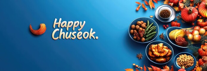 Naklejka premium A Festive Korean Chuseok Banner Illustration with Full Moon and Harvest Symbols