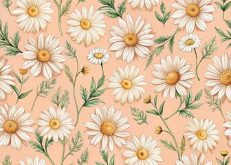 Peach Pastel Daisy Seamless Pattern, Hand Drawn Floral Background, Panoramic Wallpaper, Spring Flower Design