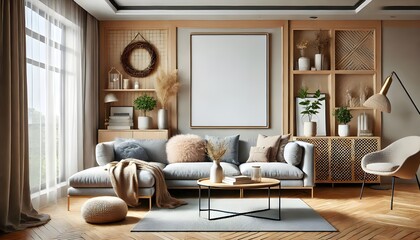Modern Living Room Mockup with Empty Frame and White Sectional Sofa