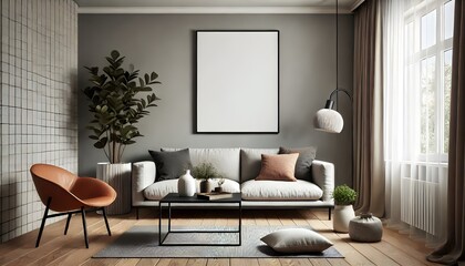 Minimalist Living Room Mockup with Empty Frame and Neutral Tones