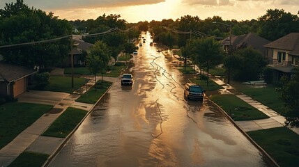 Fototapeta premium This image depicts an urban flooding map integrated with a virtual twin simulation that forecasts potential flood paths due to infrastructure failure