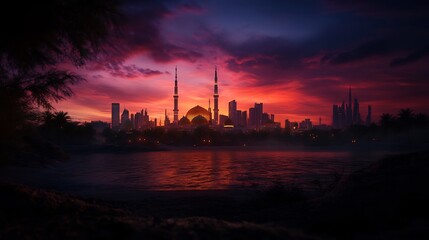 Fototapeta premium Majestic Mosque at Sunset: A Cityscape Panorama