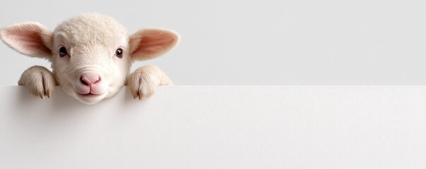 Curious Tiny White Lamb Peeking Over White Banner - Photorealistic Animal Portrait with Innocent Woolly Eyes, High Detail on Clean Background