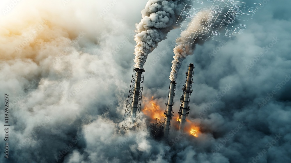 Poster virtual twin analyzes air pollution crisis on digital climate map with copy space for overlay of emi