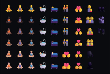 Set of yellow emoji People - Resting, Family & Symbols in vector graphic format on a black background.