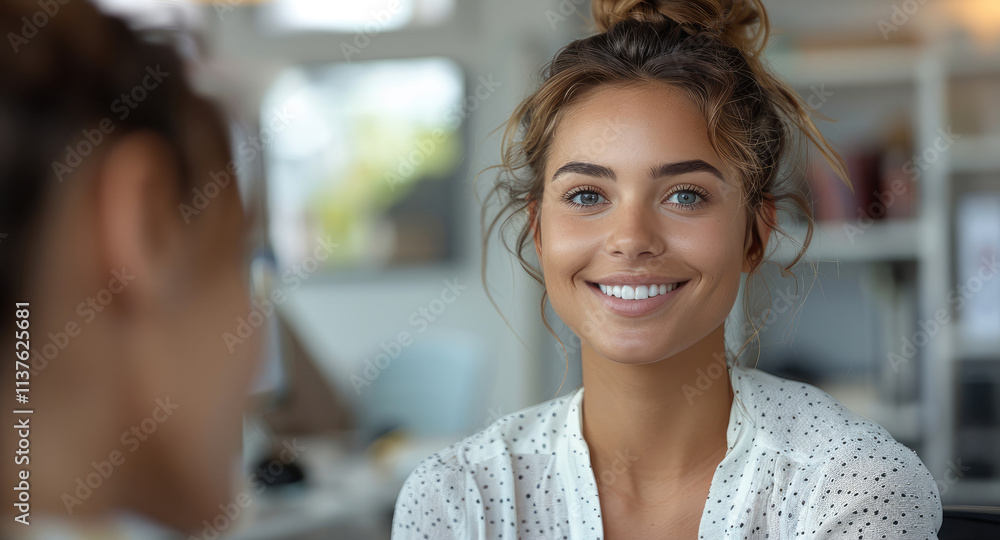 Aufkleber Smiling Manager Interviewing an Applicant a modern office setting.