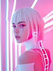 Portrait of a futuristic woman with neon lights