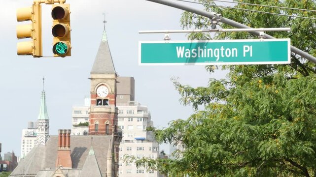 New York City street. Manhattan Greenwich village landmark, United States. Jefferson Market Library building architecture, Courthouse clock tower, 6 sixth Americas avenue, USA. Washington Pl road sign