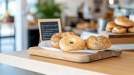 Indulge in fresh bagels, cozy , food photography, modern interior, inviting atmosphere, creative composition