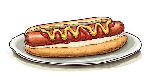 Classic hot dog with ketchup and mustard on a white plate.