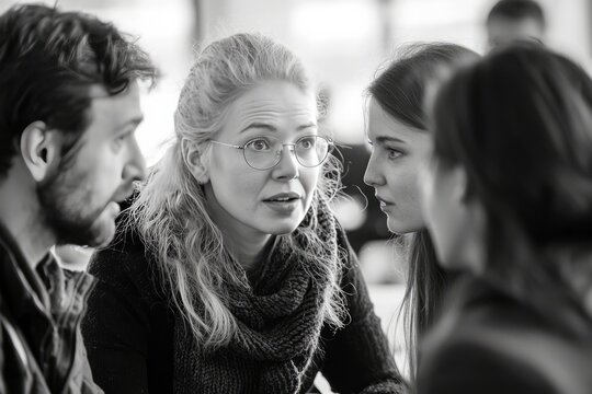 A group of sociologists discussing the results of a research study. They are comparing different social theories on inequality