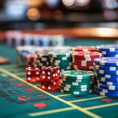 Fototapeta premium Casino. Game chips and dice lie on the table against the background of business players. Game chips for betting in gambling. Dice. Poker chips. 