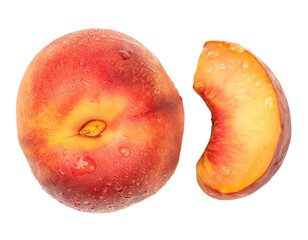 Ripe nectarine fruit with slice and water droplets on transparent background