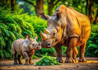 Obraz premium Baby Rhino Following Mother at Zoo - Wildlife Photography