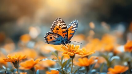 Close-up of a butterfly on a flower surrounded by orange hues