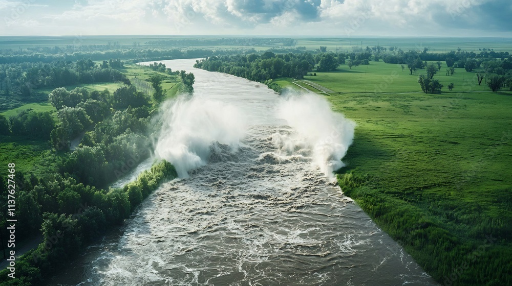 Poster a virtual twin simulation overlays a dam failure risk map forecasting potential downstream flooding 