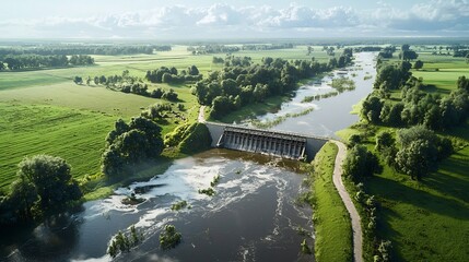 Fototapeta premium Virtual Twin of Dam Failure Risk Map Overlaid with Forecasts of Downstream Flooding Impacts Leaving Ample Copy Space for Text or Graphics