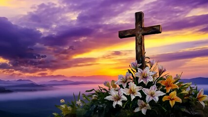 A serene watercolor illustration of a cross adorned with picture