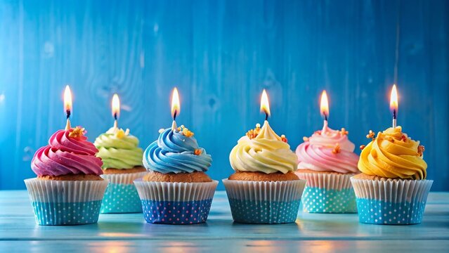 Birthday Cupcakes Number 641 Lit Candles Blue Background, Delicious Dessert, Festive Celebration