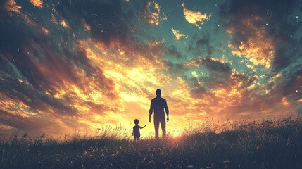 Fototapeta premium Silhouette of a person and child walking under a dramatic sky