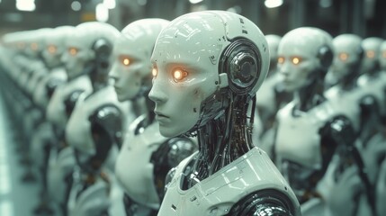 Group of robotic heads lined up in futuristic factory setting